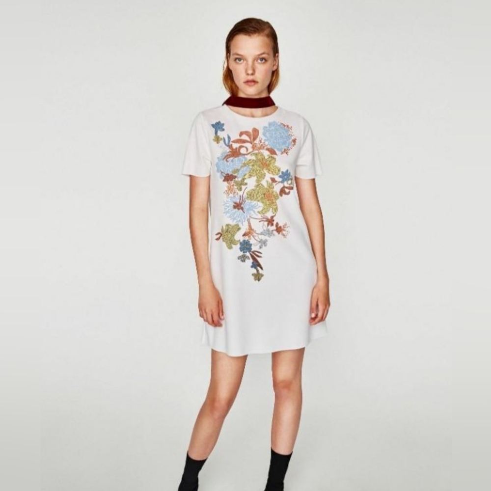 Zara Rubberized Floral Cottagecore Ivory Dress Size Extra Large